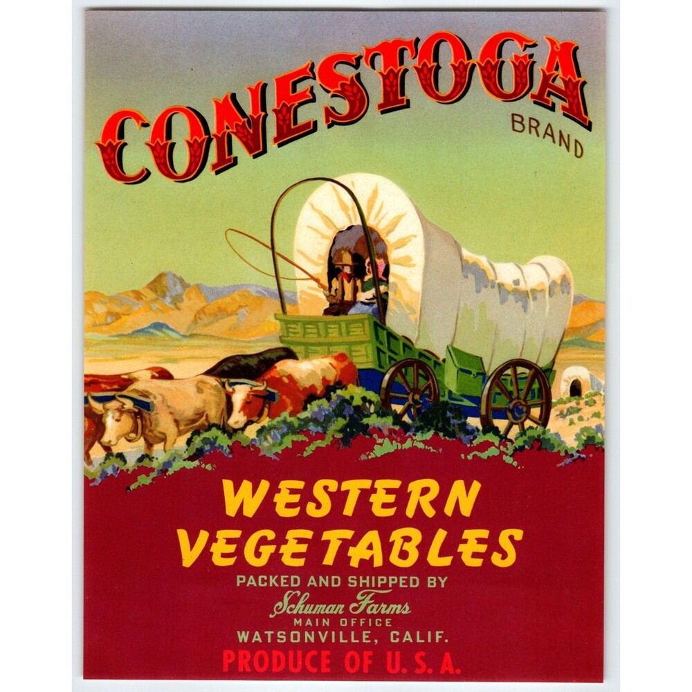 Conestoga Western Vegetables Crate Label Stage Coach 1940s Vintage Original
